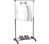 Perchero Móvil con Ruedas Metalizado Negro, Altura Ajustable 90-160 cm - Burro para Ropa Extensible, Estante para Zapatos, Montaje Sin Herramientas, Diseño Minimalista para Entrada/Habitación/Lavandería Organizador de Camisetas Ahorro Espacio, Minimalista