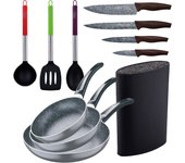 San Ignacio Set 3pc Sartenes Aluminio Prensado Inducción con Utensilios de Cocina Nylon y Cuchillos Acero Inoxidable