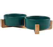 BIT Cuenco de cerámica para perros y gatos con soporte de madera, juego de agua y comida ponderada mate antideslizante para gatos y perros pequeños