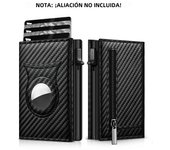 Men's automatic carbon fiber business card holder with RFID and zipper, PU leather touch Airtag wallet