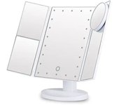Espejo de tocador iluminado con 24 luces LED, boton táctil y aumento de 2X/3X/10X, dos modos de fuente de alimentación, espejo de maquillaje