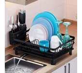 JUPPLIES Escurreplatos con Soporte para Utensilios Extraíble, Portavasos y Estante de Secado de Gran Capacidad - Escurridor de Platos con Boquilla de Drenaje Automático - 14,6x37,5x28,5cm