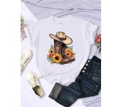 Cartoons Women T-Shirts Cowboy Riding Boots & Sunflowers Printed Tees O-Neck Comfortable Soft Short Sleeve Summer Female Clothes