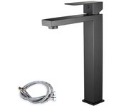 Grifo para lavabo alto, grifo de baño negro mate, extra alto con altura de caño de 240mm, moderno grifo de baño cuadrado monomando con manguera, acero inoxidable sin plomo