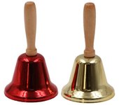 2 Campanas de mano navideñas con Mango de Madera, Adorno de Campana navideña para niños, proveedores para festivales de bodas y Escuelas de Navidad (Dorado + Rojo)