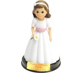 Figura para pastel de comunión personalizada niña 17cm. Figura fabricada en resina y peana de madera, perfecta para decoración de tartas de comunión y regalo especial para la niña que realiza la comunión. AÑADIR TEXTO EN (Chatear con la tienda)