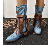 Blue Womens Boots with Low Heel Center Leg Pointed Toe Side Zipper Belt Buckle Tassel Totem Winter Non Slip Fashion Boots