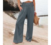 Summer Cotton Linen Wide Leg Pants Women Loose Palazzo Pant Pocket Elastic Waist Button Casual Pant Pants for Women Women’s Pant