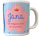Solo Recuerdos SL Taza Mug con nombre personalizado Hecho en España diseño unicornio en caja cartón, apto para microondas y lavavajillas, personalizable en castellano, catalán-castellano, euskera-castellano y gallego-castellano.