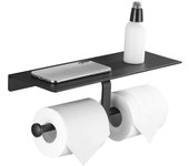 Portarrollos higiénico sin perforación con estante para teléfono móvil, soporte de pared doble para baño (negro)
