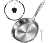 10.2 Inch Wok Pan with Clear Glass Lid 304 Stainless Steel Uncoated Cooking Pan Efficient Even Heating Stir-Frying Pan