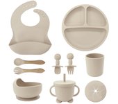 Vajilla de Bebé Silicona, 10 piezas Juegos de vajilla infantil, Cubiertos con plato ventosa, Plato Bebe Ventosa,Tenedor con mango de madera, bebe de silicona, Babero Set vajilla silicona bebe