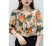 Women Spring Summer Style Chiffon Blouses Shirts Lady Casual Half Sleeve Bow Tie Collar Printed Blouses Tops DF4198