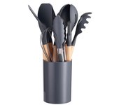 12Pcs Utensilios De Cocina De Silicona Con Cuchara Y Pala De Sopa Herramientas De Cocina Ecológicas Con Cesta De Almacenamiento Mano De Madera Antideslizante