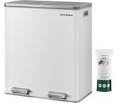 SONGMICS - Cubo de basura con doble compartimento de 2 x 30 L, con 15 bolsas de basura, pedal de metal, 2 cubos de plástico, tapas, asas, cierre suave, hermético, Blanco y Plata/Crema/Gris Verdoso