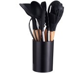 Set de 12 Utensilios de Cocina de Silicona con Mango de Madera - Antiadherentes, Faciles de Limpiar - Herramientas Esenciales de Cocina para Hornear y Cocinar