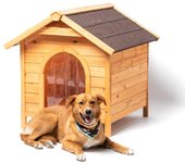 Caseta de Madera para Perros Rex - Impermeable y con Puerta de Vinilo.  Casa de madera con certificación FSC, pintura al agua no-tóxica y base sobre elevada para aislar el suelo. Casita ideal para perros medianos a grandes.