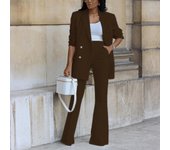 BAMBOOBOY Elegant Women Double Breasted Long Sleeve Blazers with Pocket and Flare Pants Suit Matching Two 2 Piece Set Outfits