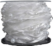 Cinta de gasa con perlas artificiales de 10 m y adornos de organza para decoración de bodas, flores y árboles de Navidad (blanco)