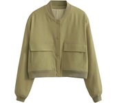TRAF Women's Bomber Jacket Long Sleeve Coat with Pockets Retro Front Button Jacket Elegant High Street Jacket New Jacket Tops
