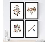 Nacnic - Set de 4 Láminas de Plumas y Flores Boho - Poster Papel 250 Gr - Marcos de Fotos y Arte de Pared