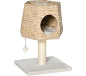 PawHut Árbol Rascador para Gatos Pequeño Altura 66 cm Torre Escalador de Gato con Cueva de Juncos Cama Superior Cojines Poste Rascador de Sisal y Bola Colgante Crema y Natural