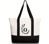 Black wheat ear gradient black letter printed canvas beach bag, fashionable and trendy handbag, canvas shopping bag