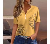 Fashion Women's Summer T-Shirts Sunflower Printed Loose Casual Short Sleeve TShirts Button V-Neck Basic Tops Ropa Para Mujer
