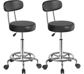Aqrau Juego de 2 taburetes giratorios con respaldo, taburete con ruedas, regulable en altura, taburete de trabajo, silla giratoria, taburete de práctica, taburete de cosmética, negro