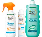 GARNIER | Delial Spray Protector Sensitive Advanced Adultos crema solar para pieles claras, sensibles e intolerantes al sol IP50+ +SUPER UV FPS50+ Bruma Protectora Facial + After Sun Leche Calmante Rostro y Cuerpo Con Aloe Vera - 270+75+400ML