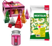 Pack surtido: MENTOLIN LIMON MELISA S/A BOLSA 1KG + WELL HOME - Vela perfumada de frambuesa + WELL HOME - Caja de Té Joyfull con variedad de sabores