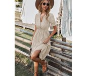 Women's Causal Striped Tassel Medium Long Dress V Neck Button Short Sleeve Spring Summer Dress