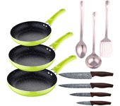 San Ignacio Set 3 Sartenes Antiadherentes Aluminio Prensado Verde con Utensilios Cocina Acero Inoxidable y Cuchillos