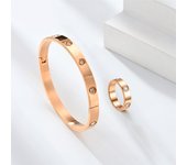 2Pcs Beautiful Lovers Bracelets Woman Bracelets Stainless Steel Bangles and Rings Cubic Zirconia Golden Women Jewelry Set