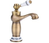 Grifo de baño de latón de cerámica antiguo, grifo de fregadero de porcelana azul y blanca, grifo de lavabo vintage de cuello largo, grifo mezclador de cocina, grifo de agua fría/caliente (antiguo)