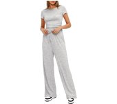 Spring/summer solid color casual suit with pleats, short sleeved top, high waisted wide leg pants, sportswear