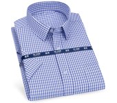 Mens Short Sleeve Shirt Business Casual Classic Plaid Striped Checked Male Social Dress Shirts Purple Blue 5XL Plus Large Size