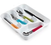 Tradineur - Bandeja cubertero de plástico, de color blanco, de 4,5 x 26,5 x 33,5 cm, Recipiente para ordenación y almacenamiento de cubertería. Caja para guardar cubiertos con compartimentos
