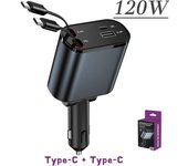120/66w 4 IN 1 Retractable Car Charger Mobile Phone USB PD Type C Cable For iPhone Fast Charge Cord Cigarette Lighter QC Adapter