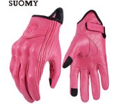 SUOMY Lady Pink Leather Motorcycle Gloves Genuine Leather Perforated Women Motorbike Riding Gloves Touch Screen Moto Guantes