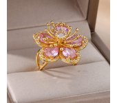 Pink Zircon Flower Rings for Women Gold Color Stainless Steel Ring 2024 Trend Elegant Floral Luxury Aesthetic Jewelry anillos