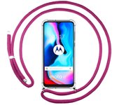 Tumundosmartphone Funda Colgante Transparente para Motorola Moto G9 Power con Cordon Rosa Fucsia