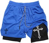 Men's cross printed 2-in-1 training shorts with compression lining, Christian gym sports shorts, phone pocket, towel buckle, run