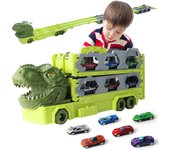 Juguete del camión del transporte del coche del dinosaurio para los niños con 6 coches de carreras, coche del juguete del camión de la pista del regalo de los muchachos de 3-8 años