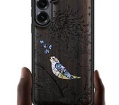 Funda magnética de madera para Galaxy S25+/S25 Plus, con grabado artesanal de madera e incrustaciones de concha, compatible con cargadores inalámbricos MagSafe (Flores y pájaro) en madera negra.