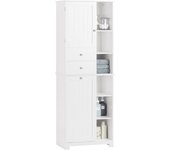 SoBuy BZR104-W Armario Alto de Baño con Cesto para Ropa Sucia Mueble Columna Multifuncional con 1 Puerta 6 Estantes y 2 Cajones Blanco 60 x 37 x 171 cm ES