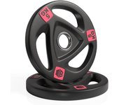 ManiBoom Discos Pesas Hierro ENGOMADO 30mm y 50mm Olimpica con Anillo Interior de Acero y Triple Agarre ERGONOMICO - Disco para Barra o Mancuernas 2,5kg, 5kg, 10kg, 15kg, 20kg