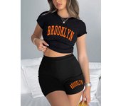 1898 Brooklyn Letter Print Womens Slim T-Shirts & Shorts Two Pieces Set Crop Tops Fashion Soft Comfortable Casual Clothes New