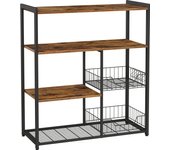Estantería de Cocina con 2 Cestas de Malla Metálica, Estantería para Microondas, con Estantes y Ganchos, 35 x 80 x 95 cm, Estilo Industrial, Marrón Rústico y Negro Tinta/Gris Carbón y Negro Tinta/Nogal Medio y Blanco