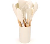 12Pcs Utensilios De Cocina De Silicona Con Cuchara Y Pala De Sopa Herramientas De Cocina Ecológicas Con Cesta De Almacenamiento Mano De Madera Antideslizante